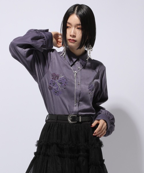 HARE（ハレ）の「トロミシシュウシャツ(HARE)（シャツ/ブラウス・レディース・ブラック/パープル・FREE）」の8枚目の写真