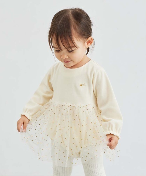 10mois（ディモワ）の「【10mois(ディモワ)】星チュールベロアボディオール 70cm・80cm（ロンパース・キッズ・クリーム/ライトグレー・70cm/80ｃｍ）」の4枚目の写真