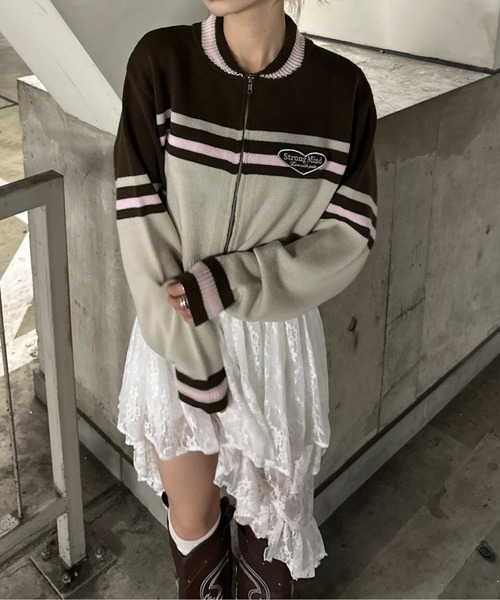 sedacle girl（セダクルガール）の「配色トラックニット（ニット/セーター・レディース・ブラウン/レッド/チャコールグレー・FREE）」の11枚目の写真