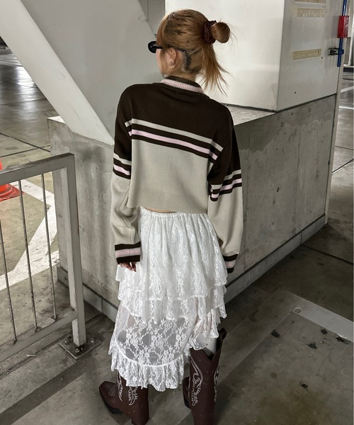 sedacle girl（セダクルガール）の「配色トラックニット（ニット/セーター・レディース・ブラウン/レッド/チャコールグレー・FREE）」の12枚目の写真