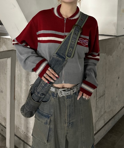 sedacle girl（セダクルガール）の「配色トラックニット（ニット/セーター・レディース・ブラウン/レッド/チャコールグレー・FREE）」の17枚目の写真