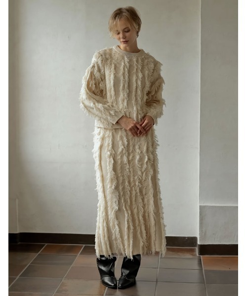 Re:EDIT（リエディ）の「[2024-25 WINTER COLLECTION]クルーネックフリンジニットトップス（ニット/セーター・レディース・ブラック/アイボリー/モカ・MEDIUM/LARGE）」の12枚目の写真