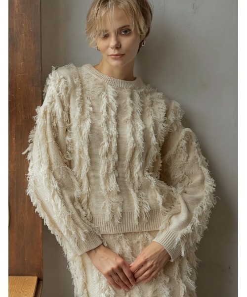Re:EDIT（リエディ）の「[2024-25 WINTER COLLECTION]クルーネックフリンジニットトップス（ニット/セーター・レディース・ブラック/アイボリー/モカ・MEDIUM/LARGE）」の11枚目の写真