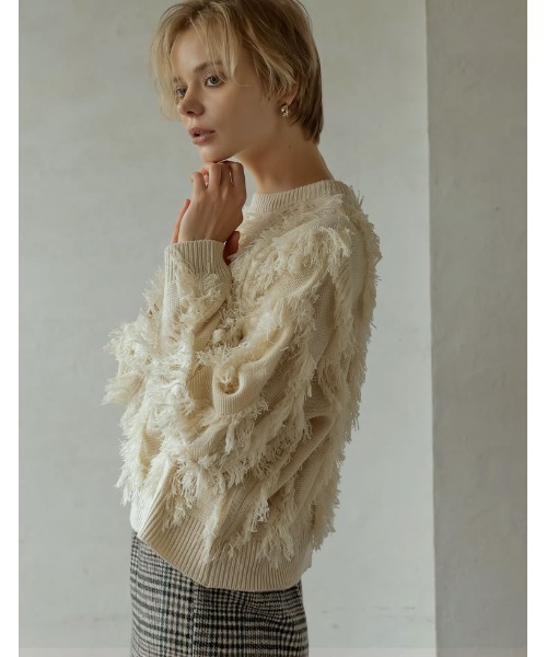 Re:EDIT（リエディ）の「[2024-25 WINTER COLLECTION]クルーネックフリンジニットトップス（ニット/セーター・レディース・ブラック/アイボリー/モカ・MEDIUM/LARGE）」の14枚目の写真