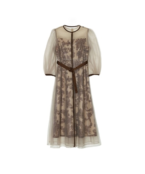 【LEJA】チュールパイピングリーフベルトAラインドレスワンピース Leja チュールパイピングリーフベルトAラインドレスワンピース