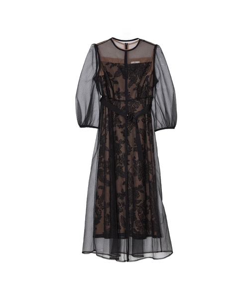 leja チュールパイピングリーフベルトAラインワンピースドレス レジャ Leja チュールパイピングリーフベルトAラインドレス