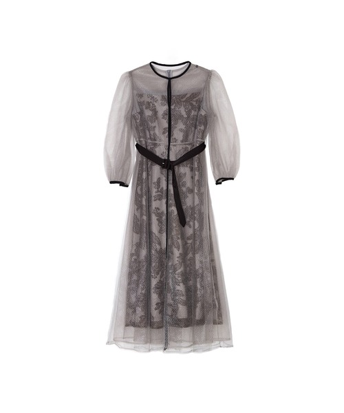 【LEJA】チュールパイピングリーフベルトAラインドレスワンピース グレー　S LEJA】チュールパイピングリーフベルトAラインドレスワンピース