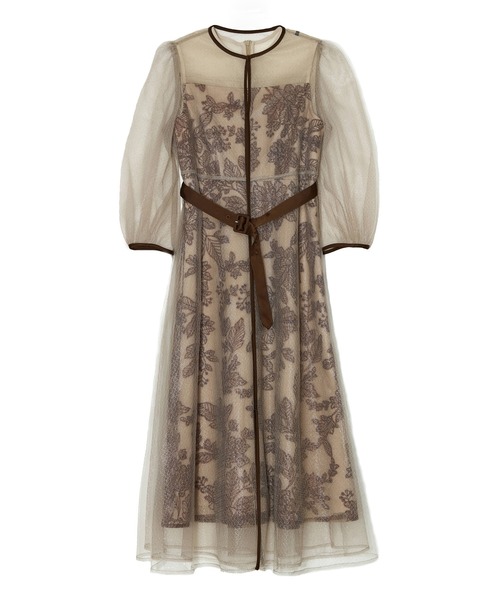 LEJA】チュールパイピングリーフベルトAラインドレスワンピース 2点