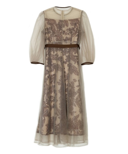 LEJA】チュールパイピングリーフベルトAラインドレスワンピース 2点