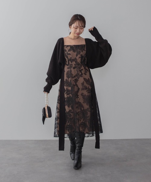 【LEJA】チュールパイピングリーフベルトAラインドレスワンピース セール】【LEJA】チュールパイピングリーフベルトAラインドレス