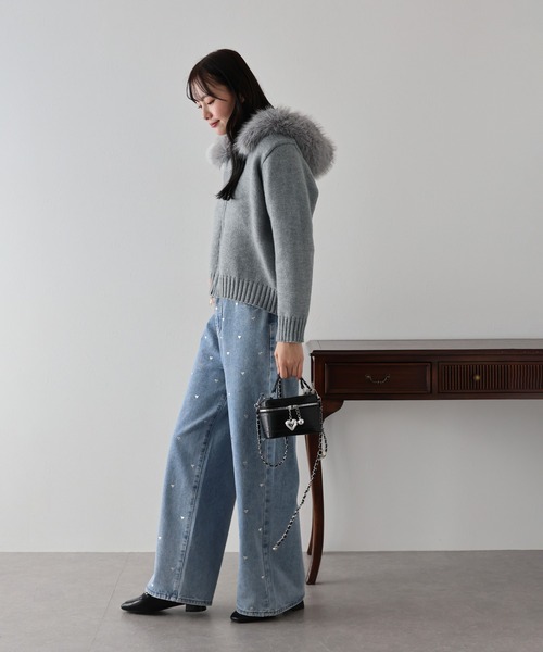 ニット パーカー ネイビー 紺 フード ファー ウール ふんわり  