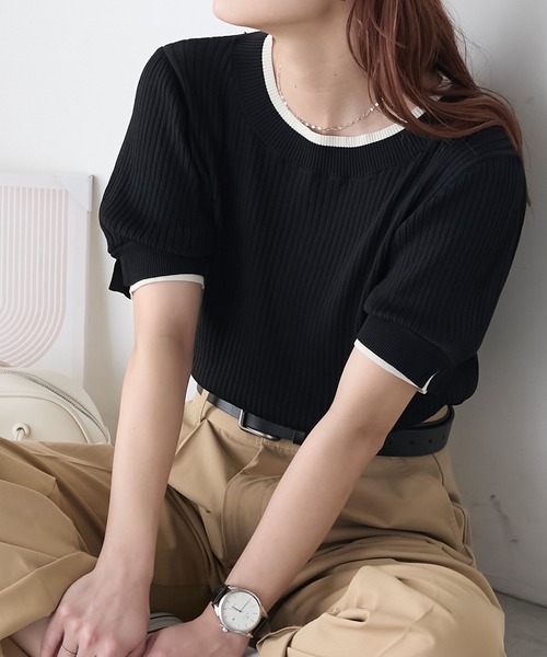 BONLECILL(ボンルシール)の「配色レイヤード風ボリュームスリーブ リブニットプルオーバー(Tシャツ/カットソー・レディース・アイボリー/ホワイト×ブラック/レッド/杢グレー/ネイビー/ブラック/ネイビー系1/トップグレー・FREE)」の3枚目の写真