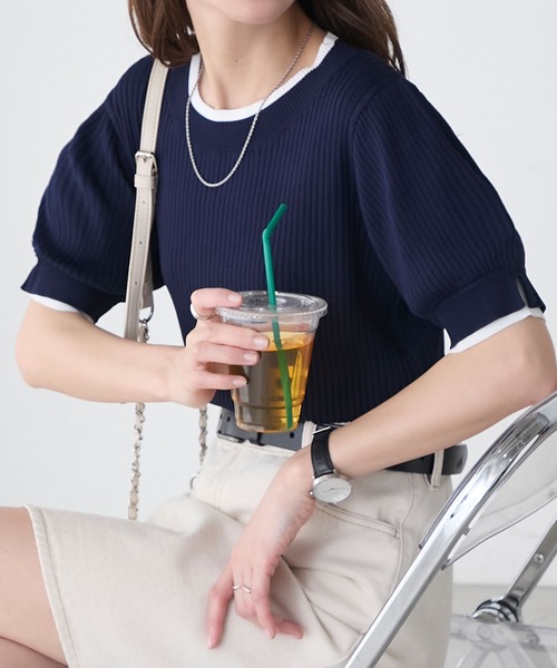 BONLECILL(ボンルシール)の「配色レイヤード風ボリュームスリーブ リブニットプルオーバー(Tシャツ/カットソー・レディース・アイボリー/ホワイト×ブラック/レッド/杢グレー/ネイビー/ブラック/ネイビー系1/トップグレー・FREE)」の10枚目の写真