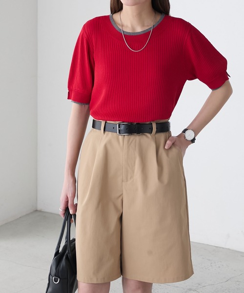 BONLECILL(ボンルシール)の「配色レイヤード風ボリュームスリーブ リブニットプルオーバー(Tシャツ/カットソー・レディース・アイボリー/ホワイト×ブラック/レッド/杢グレー/ネイビー/ブラック/ネイビー系1/トップグレー・FREE)」の13枚目の写真