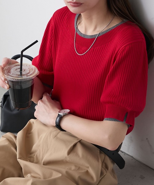 BONLECILL(ボンルシール)の「配色レイヤード風ボリュームスリーブ リブニットプルオーバー(Tシャツ/カットソー・レディース・アイボリー/ホワイト×ブラック/レッド/杢グレー/ネイビー/ブラック/ネイビー系1/トップグレー・FREE)」の18枚目の写真