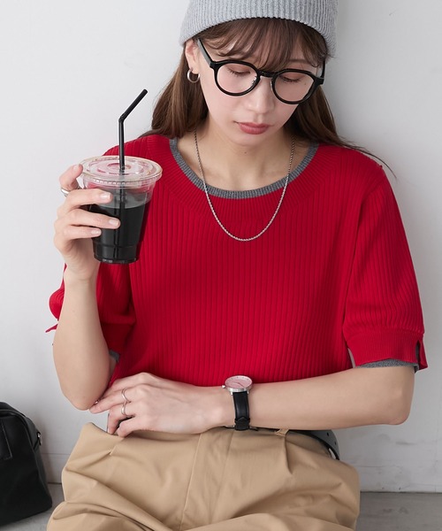 BONLECILL(ボンルシール)の「配色レイヤード風ボリュームスリーブ リブニットプルオーバー(Tシャツ/カットソー・レディース・アイボリー/ホワイト×ブラック/レッド/杢グレー/ネイビー/ブラック/ネイビー系1/トップグレー・FREE)」の19枚目の写真