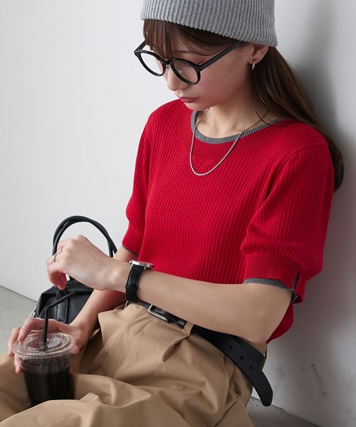 BONLECILL(ボンルシール)の「配色レイヤード風ボリュームスリーブ リブニットプルオーバー(Tシャツ/カットソー・レディース・アイボリー/ホワイト×ブラック/レッド/杢グレー/ネイビー/ブラック/ネイビー系1/トップグレー・FREE)」の20枚目の写真