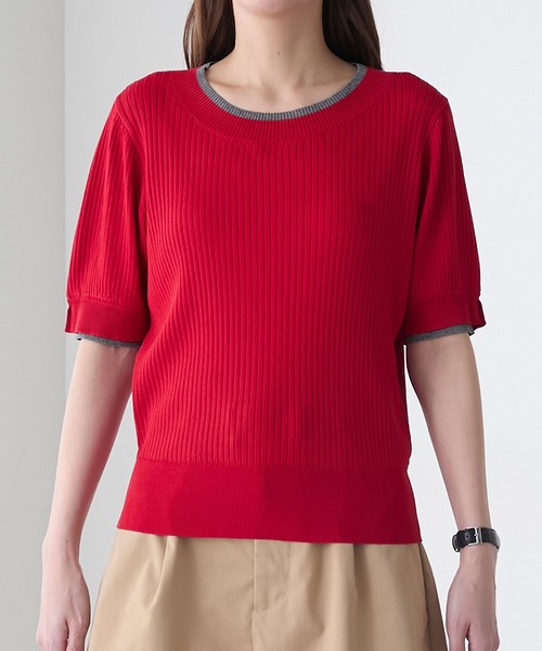 BONLECILL(ボンルシール)の「配色レイヤード風ボリュームスリーブ リブニットプルオーバー(Tシャツ/カットソー・レディース・アイボリー/ホワイト×ブラック/レッド/杢グレー/ネイビー/ブラック/ネイビー系1/トップグレー・FREE)」の21枚目の写真