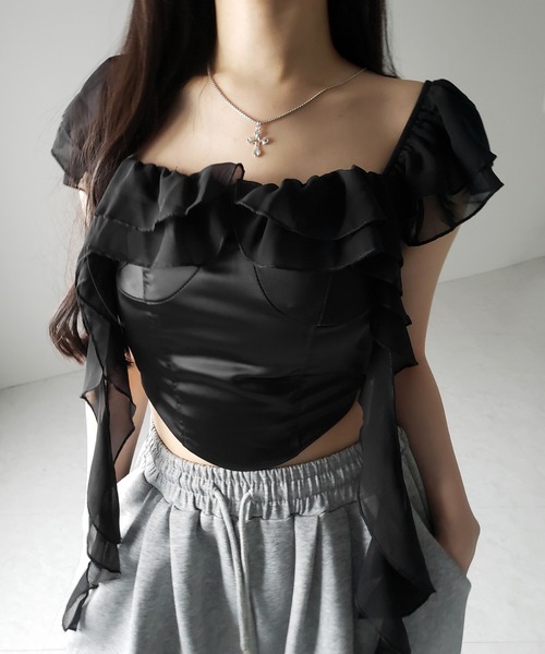 セール】【 2color ／ 2WAY 】シアーフリルコルセットサテンショート