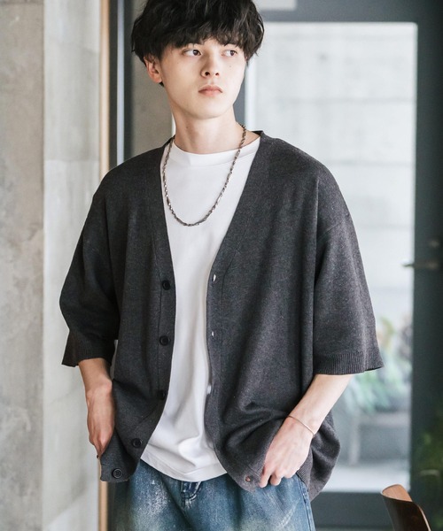 Rocky Monroe(ロッキーモンロー)の「接触冷感 UVカット オーバーサイズ 無地 アーガイル柄 チェック柄 Vネックハイゲージサマーニット半袖カーディガン(カーディガン/ボレロ・メンズ・ブラック/アイボリー/ブルー/チャコールグレー/ブラック系1/ベージュ系/ネイビー/ブラック系/ブルー系・M/L/XL)」の1枚目の写真