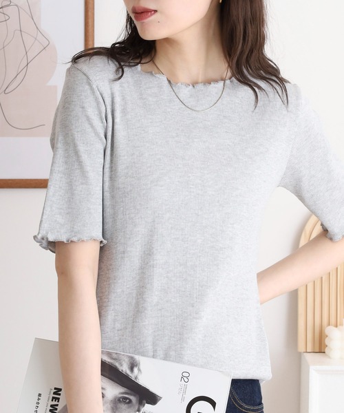 atONE(アットワン)の「メロウリブ5分袖カットソー(Tシャツ/カットソー・レディース・ベージュ/ブラック/カーキ/オフホワイト/杢グレー・LL/M/L)」の3枚目の写真