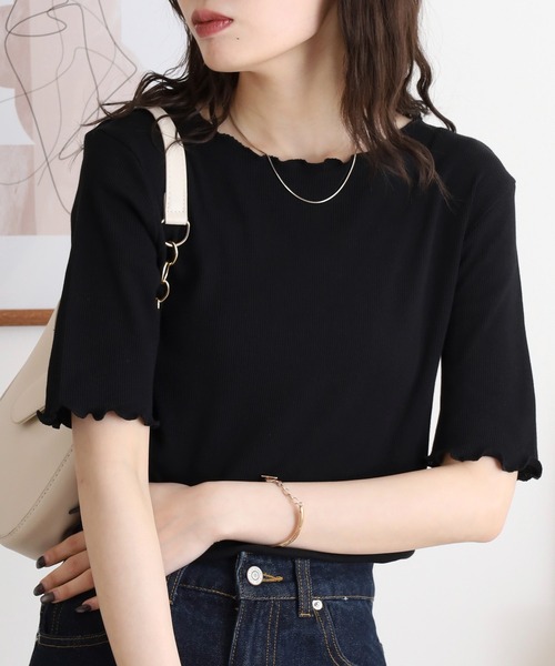 atONE(アットワン)の「メロウリブ5分袖カットソー(Tシャツ/カットソー・レディース・ベージュ/ブラック/カーキ/オフホワイト/杢グレー・LL/M/L)」の1枚目の写真