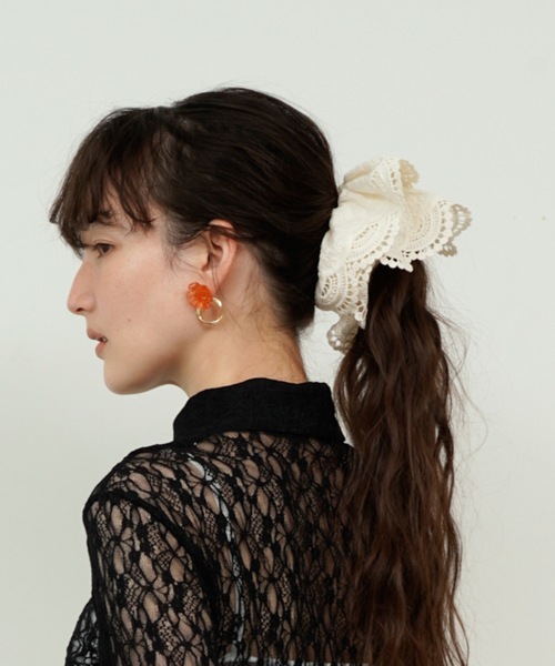 専用　 Sugri 小花のモチーフ付きチュールフリルクローシュ　黒　未使用 Lace Embroidery Double Frilled Scrunchie / レース刺繍ダブル