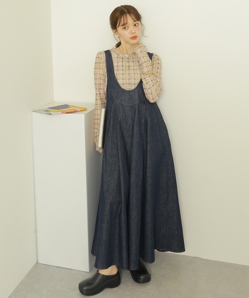 話題の行列 tuck neck u denim ロング デニム タック /Uネック skirt jumper ワンピース