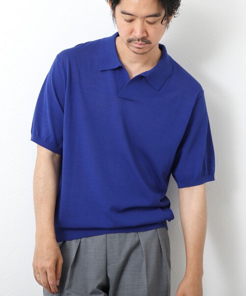 クルチアーニ　スキッパー半袖ニット　ポロシャツ　ネイビー　48 クルチアーニ スキッパー半袖ニット ポロシャツ ネイビー 48