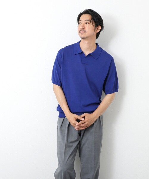 新品ウノピュウ1piu1uguale3 スキッパーニットポロシャツ(ブルー6) 新品ウノピュウ1piu1uguale3 スキッパーニットポロシャツ(ブルー6