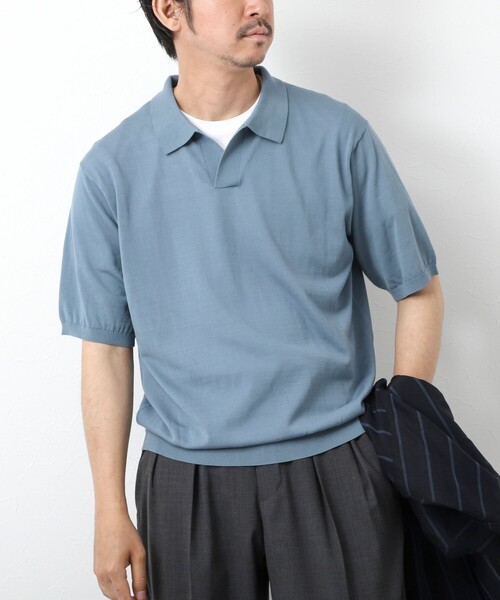【タグ付き】スキッパーニットポロシャツ　グレー　M J.PRESS｜【HTBRID LINEN】スキッパーニット ポロシャツ