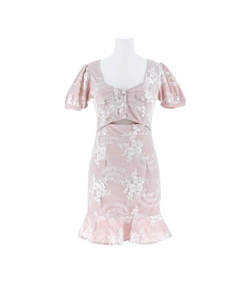 ★Karen Millen★ フローラルアップリケパフスリーブミニドレス パフスリーブ花柄刺繍セットアップミニドレス/キャバドレス【XS