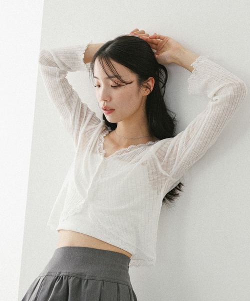 Heather(ヘザー)の「シアーレースカーディガン 573229(カーディガン/ボレロ・レディース・ブラック/グレー/オフホワイト/ピンク/ライトブルー/ブラウン・FREE)」の7枚目の写真