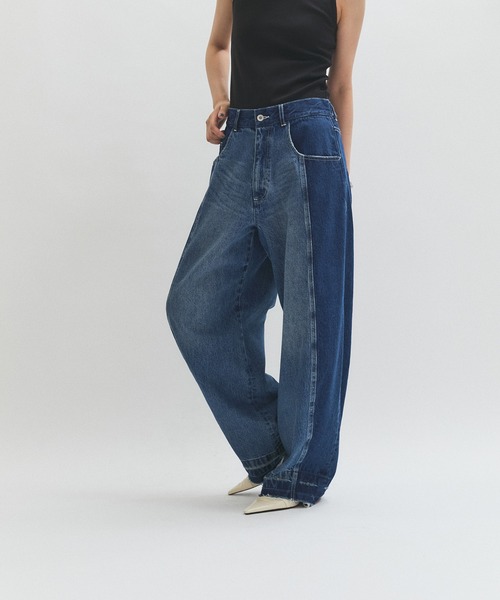 サステナブル】リメイクライクコントラストデニム（デニムパンツ