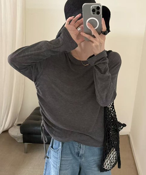 Lace Ladies(レースレディース)の「クルーネック サイド ドロスト オーバーサイズ カットソー(Tシャツ/カットソー・レディース・ホワイト/グレー・FREE)」の5枚目の写真