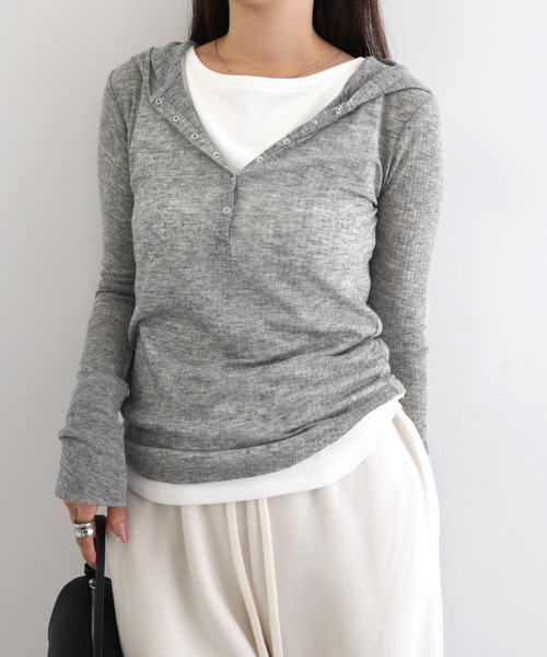andme(アンドミー)の「シアーフーディトップス(Tシャツ/カットソー・レディース・ブラック/アイボリー/オフホワイト/杢グレー・FREE)」の12枚目の写真