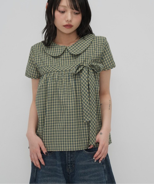 Enewd nina（エニュードニーナ）の「襟付き チェック　リボン ブラウス トップス（Tシャツ/カットソー・レディース・ブラウン/カーキ・FREE）」の2枚目の写真