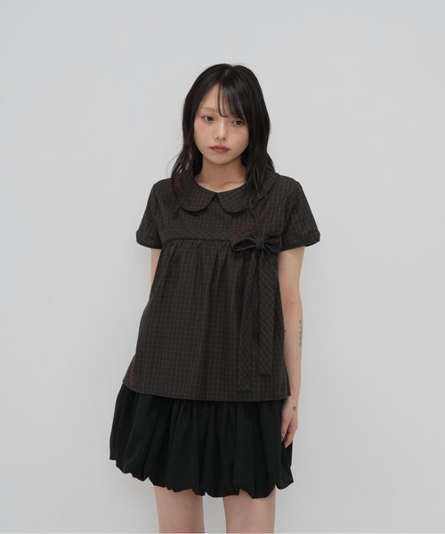 Enewd nina（エニュードニーナ）の「襟付き チェック　リボン ブラウス トップス（Tシャツ/カットソー・レディース・ブラウン/カーキ・FREE）」の16枚目の写真