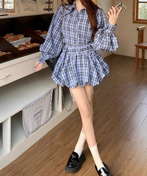 セール】ベルト付きチェックシャツ＆スカーパンセット