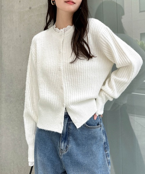 セール】ミニフリルレース2wayニットカーディガントップス