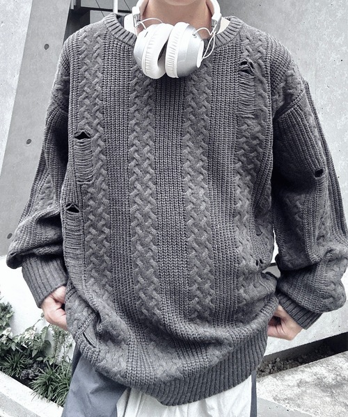 MandO(エムオー)(エムオー)の「オーバーサイズダメージケーブルニット(ニット/セーター・メンズ・チャコールグレー/アイボリー・LARGE/MEDIUM)」の14枚目の写真