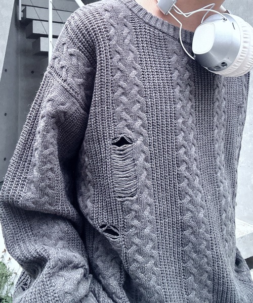 MandO(エムオー)(エムオー)の「オーバーサイズダメージケーブルニット(ニット/セーター・メンズ・チャコールグレー/アイボリー・LARGE/MEDIUM)」の22枚目の写真