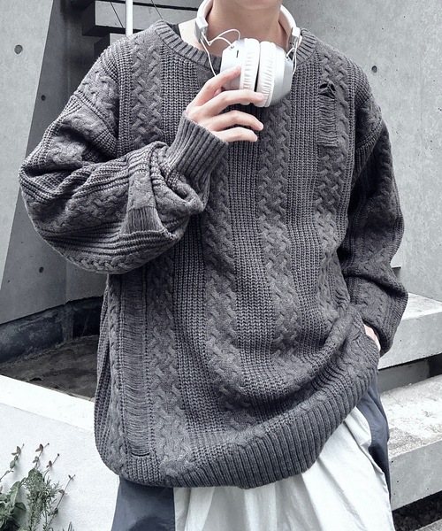MandO(エムオー)(エムオー)の「オーバーサイズダメージケーブルニット(ニット/セーター・メンズ・チャコールグレー/アイボリー・LARGE/MEDIUM)」の16枚目の写真