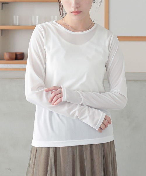 n'OrLABEL(ノアールレーベル)の「シアー指穴クルーネックカットソー(Tシャツ/カットソー・レディース・ラベンダー/ブラック系その他/オフホワイト/ボルドー/ブルーグリーン・2/1)」の2枚目の写真