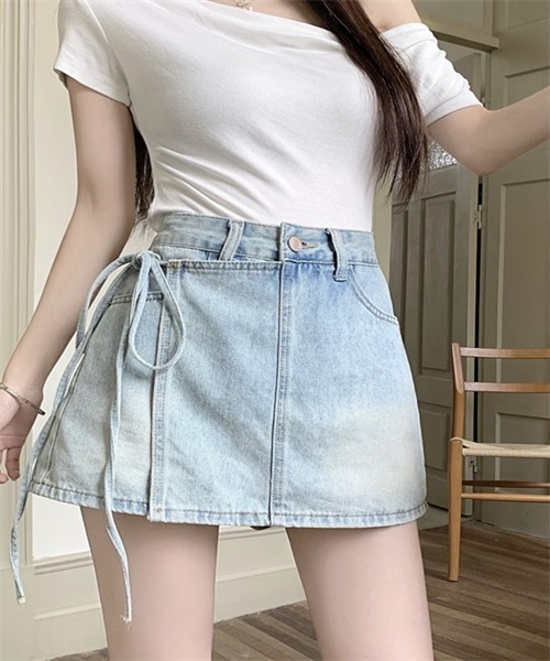 ４５R ラップデニムスカート リボン　美品 セール】脇リボン ラップスカート風デニムショートパンツ（デニム