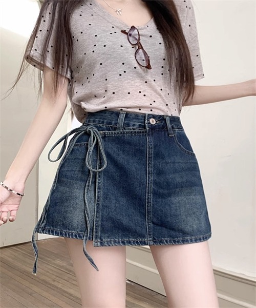 セール】脇リボン ラップスカート風デニムショートパンツ（デニム