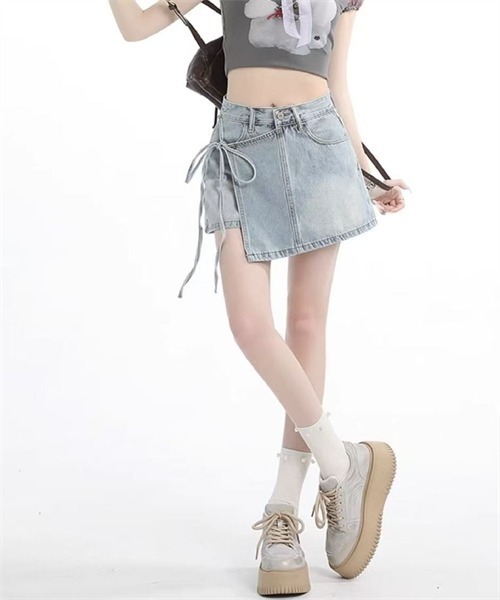 Dream garden(ドリームガーデン)の「脇リボン ラップスカート風デニムショートパンツ(デニムパンツ・レディース・サックスブルー/ブルー・XS/S/XL/2XL/3XL/4XL/L/M)」の11枚目の写真