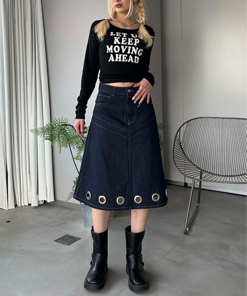 sedacle girl（セダクルガール）の「アイレットデニムミディスカート（デニムスカート・レディース・ブラック/インディゴブルー・MEDIUM/SMALL）」の6枚目の写真