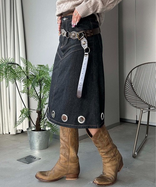 sedacle girl（セダクルガール）の「アイレットデニムミディスカート（デニムスカート・レディース・ブラック/インディゴブルー・MEDIUM/SMALL）」の12枚目の写真