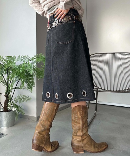 sedacle girl（セダクルガール）の「アイレットデニムミディスカート（デニムスカート・レディース・ブラック/インディゴブルー・MEDIUM/SMALL）」の13枚目の写真